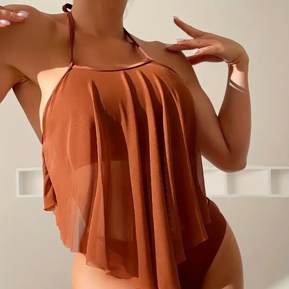 Caramel Solid Color Two Piece Bikini Sets Swimsuit, Halter Neck High Waist - Picture 7 of 10